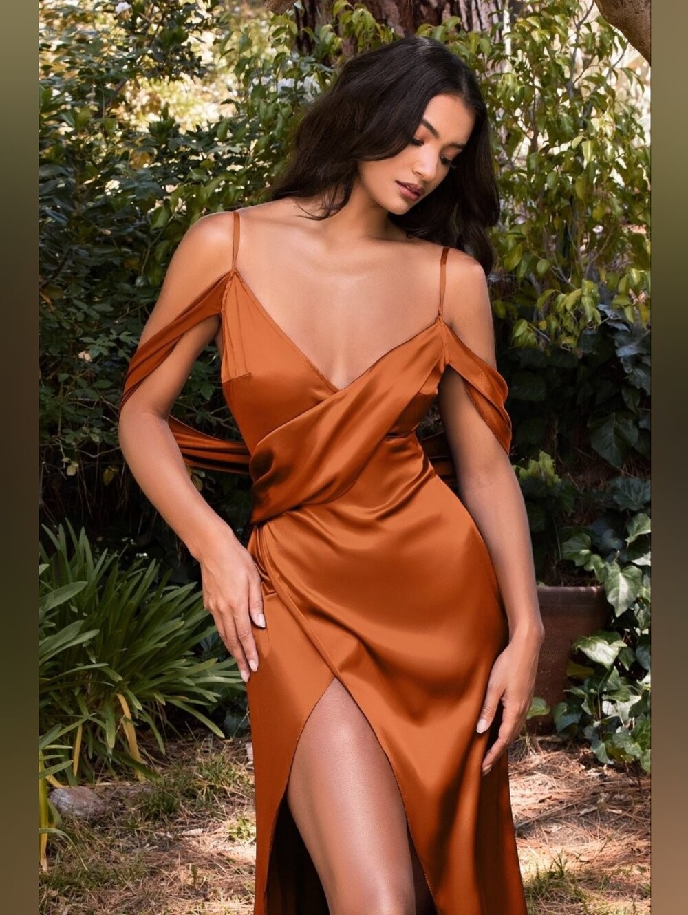 Satin Off-Shoulder Slip Wrap Dress in Copper